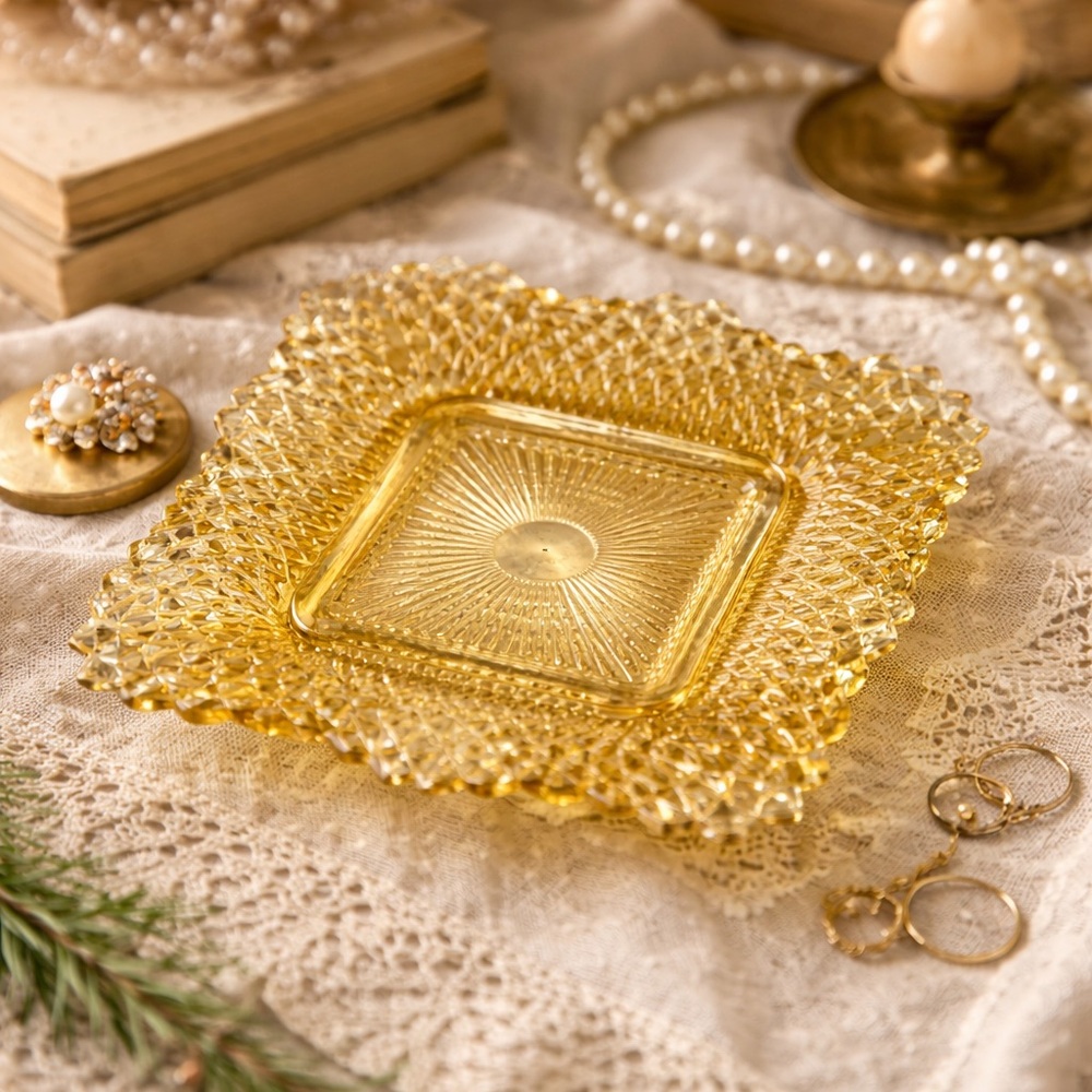 Vintage Amber Pressed Glass Square Dish – Diamond Cut Sawtooth Edge Trinket Bowl